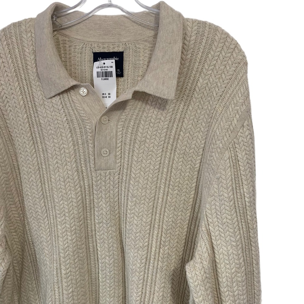 NWT Ambercrombie & Fitch XL Mens Cable Knit Sweater Polo Long Sleeve Cream Beige
